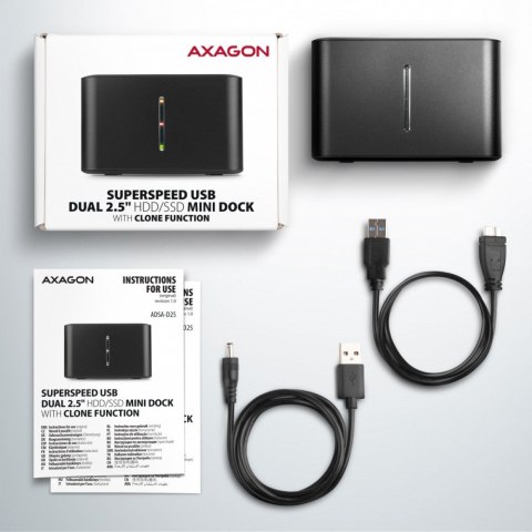 ADSA-D25 MINI stacja dokująca USB 3.2 Gen 1 - 2x SATA 6G 2.5" SSD/HDD CLONE ADSA-D25 MINI stacja dokująca USB 3.2 Gen 1 - 2x SATA 6G 2.5" SSD/HDD CLONE