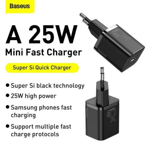 BASEUS ŁADOWARKA SIECIOWA Z KABLEM USB-C DO USB-C TZCCSUP-L01 SUPER SI 1C 25W CZARNA BASEUS ŁADOWARKA SIECIOWA Z KABLEM USB-C DO USB-C TZCCSUP-L01 SUPER SI 1C 25W CZARNA