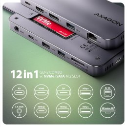 HMC-12GM2 hub USB 12 in1 10Gbps, 3x USB-A, USB-C, HDMI, DP, RJ-45, M.2, SD/mSD, audio, PD