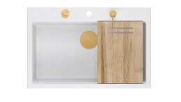 Zlewozmywak granitowy QUADRON MARC biały wpuszczany + syfon Push-2-Open + dozownik + deska drewniana + nakładka na odpływ