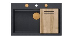 Zlewozmywak granitowy QUADRON MARC czarny wpuszczany + syfon Push-2-Open + dozownik + deska drewniana + nakładka na odpływ