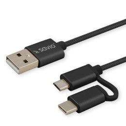 Kabel USB do Micro USB i USB C Savio CL-128 Czarny 1 m
