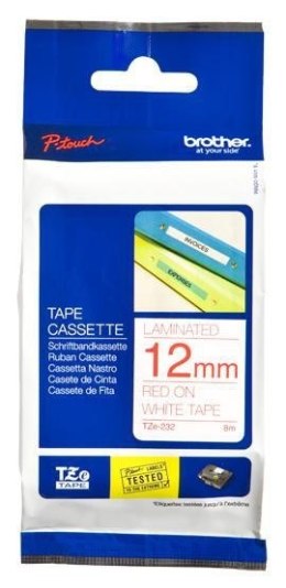 TZE-232 LAMINATED TAPE 12MM 8M/RED ON WHITE