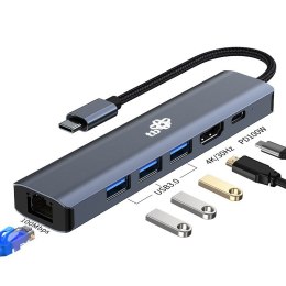 Adapter HUB USB C 6w1 - HDMI, USBx3, PD, RJ-45