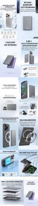 PowerBank indukcyjny 5000mAh MagSafe Fast Charging 20W Fiolet
