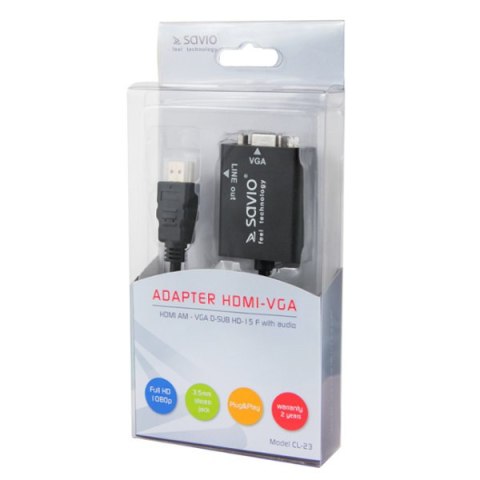 Adapter SAVIO cl-23 (HDMI M - D-Sub (VGA) F; 0,20m; kolor czarny) Adapter SAVIO cl-23 (HDMI M - D-Sub (VGA) F; 0,20m; kolor czarny)