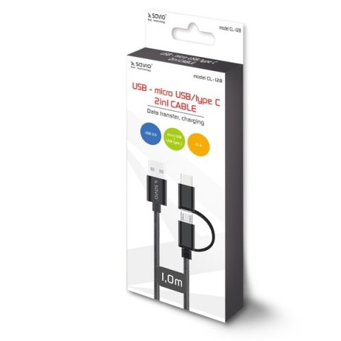 Kabel SAVIO CL-128 (Micro USB typu B, USB typu C - USB 2.0 typu A ; 1m; kolor czarny) Kabel SAVIO CL-128 (Micro USB typu B, USB typu C - USB 2.0 typu A ; 1m; kolor czarny)