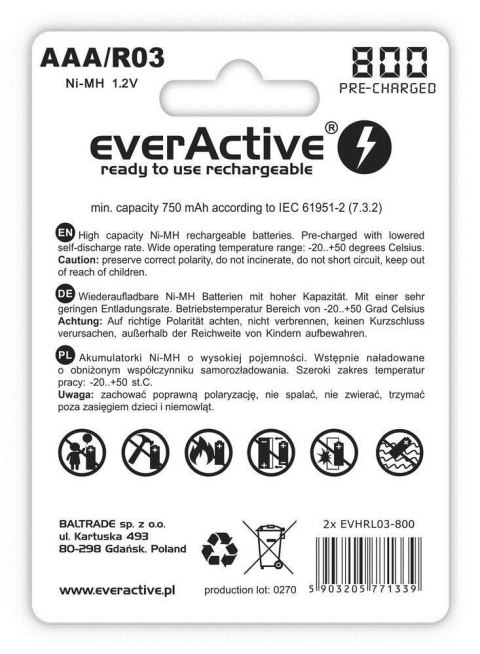 EVERACTIVE AKUMULATORKI AAA 800 MAH - 2 SZTUKI EVHRL03-800 EVERACTIVE AKUMULATORKI AAA 800 MAH - 2 SZTUKI EVHRL03-800