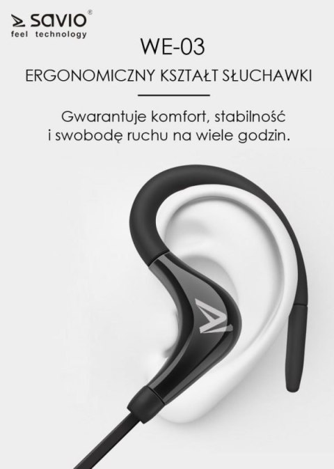 Słuchawki bezprzewodowe, z mikrofonem, ze słuchawkami SAVIO WE-03 (dokanałowe, sportowe; bezprzewodowe, Bluetooth; z wbudowanym Słuchawki bezprzewodowe, z mikrofonem, ze słuchawkami SAVIO WE-03 (dokanałowe, sportowe; bezprzewodowe, Bluetooth; z wbudowanym