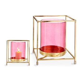 Świeczniki Kwadratowy Różowy Złoty 14 x 15,5 x 14 cm Metal Szkło