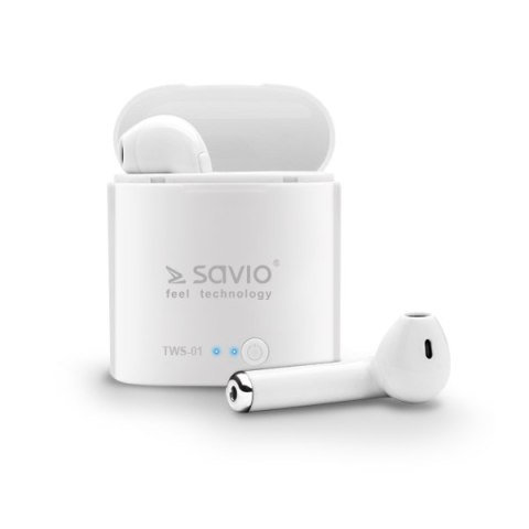 Słuchawki bezprzewodowe SAVIO TWS-01 (douszne; bezprzewodowe, Bluetooth; z wbudowanym mikrofonem; kolor biały Słuchawki bezprzewodowe SAVIO TWS-01 (douszne; bezprzewodowe, Bluetooth; z wbudowanym mikrofonem; kolor biały