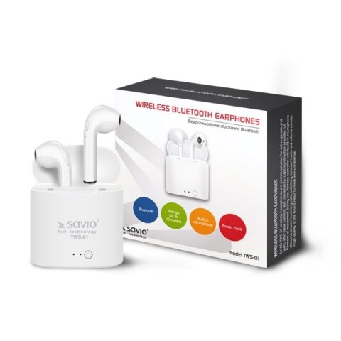 Słuchawki bezprzewodowe SAVIO TWS-01 (douszne; bezprzewodowe, Bluetooth; z wbudowanym mikrofonem; kolor biały Słuchawki bezprzewodowe SAVIO TWS-01 (douszne; bezprzewodowe, Bluetooth; z wbudowanym mikrofonem; kolor biały